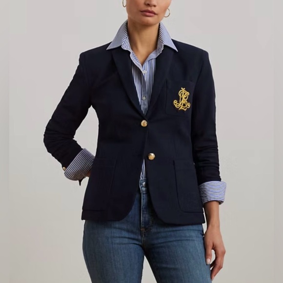 Ralph Lauren Women’s Bullion Jacquard Navy Blue Single Breast Blazer Gold Crest - Picture 2 of 16